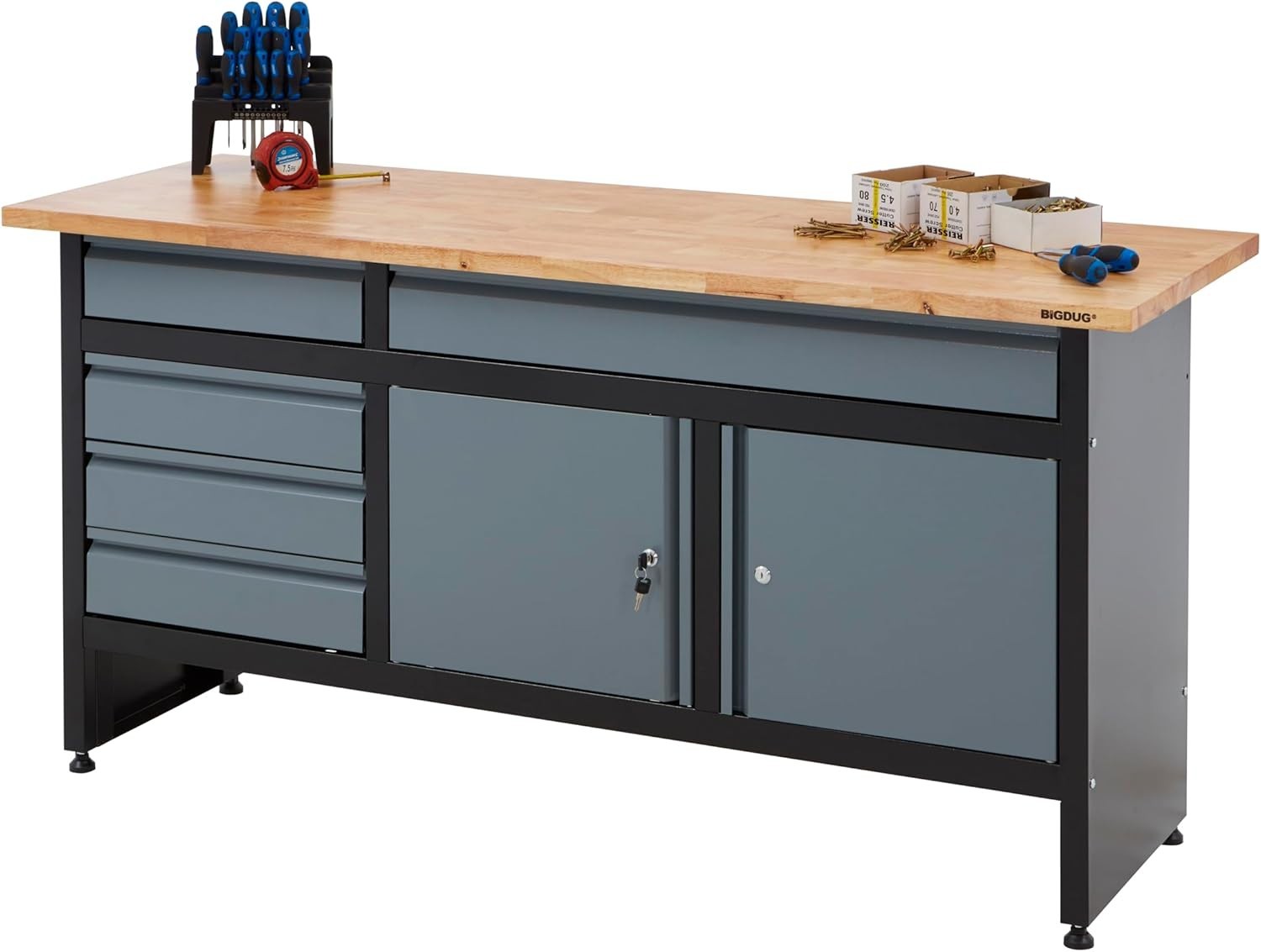 1709mm Garage Workbench 5 Drawers + Double Cupboard 300kg Solid Wood Top