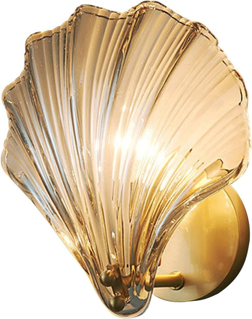 Amber Glass Shell Wall Sconce, Elegant LED Lamp, Modern Bedroom Light
