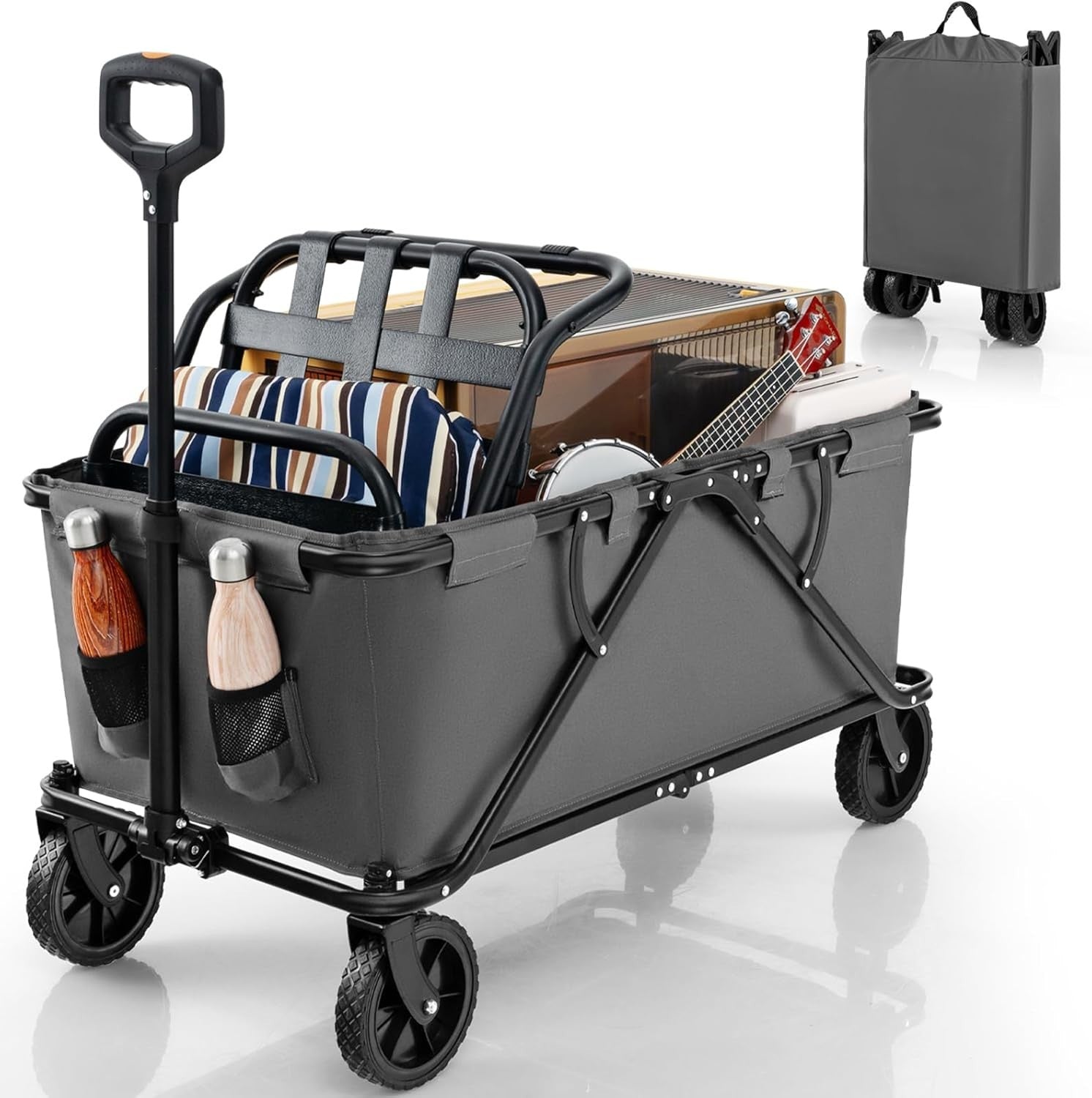 Grey Folding Camping Wagon 170L Heavy Duty Collapsible Garden Cart w/ Handle