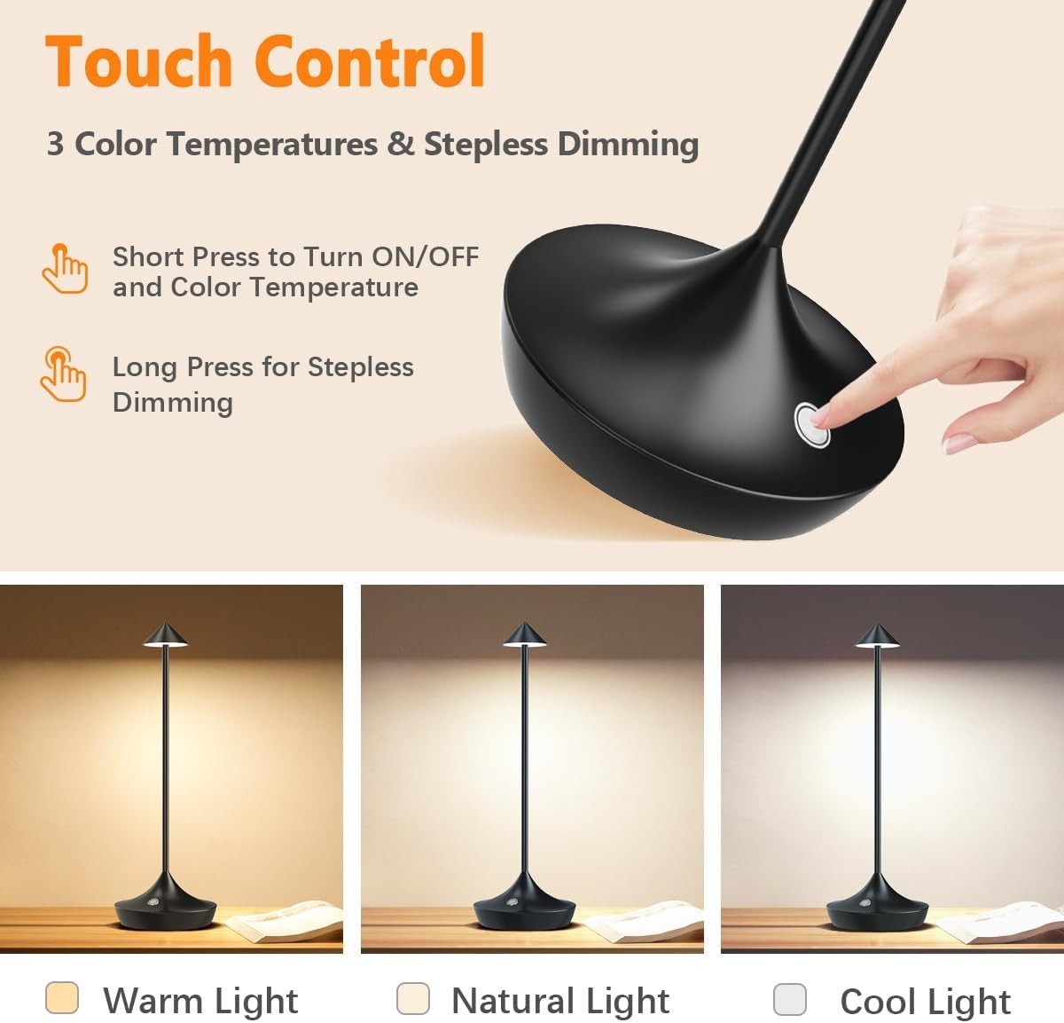 Rechargeable Cordless LED Table Lamps, Dimmable, Portable, 2pcs Set