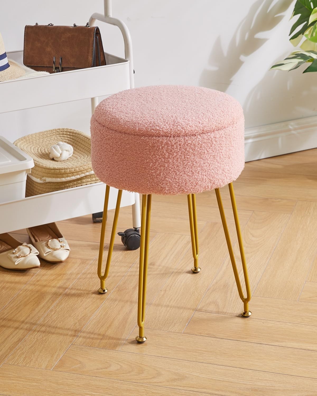 Pink Teddy Velvet Storage Footrest Stool – Vanity Seat with Golden Steel Legs