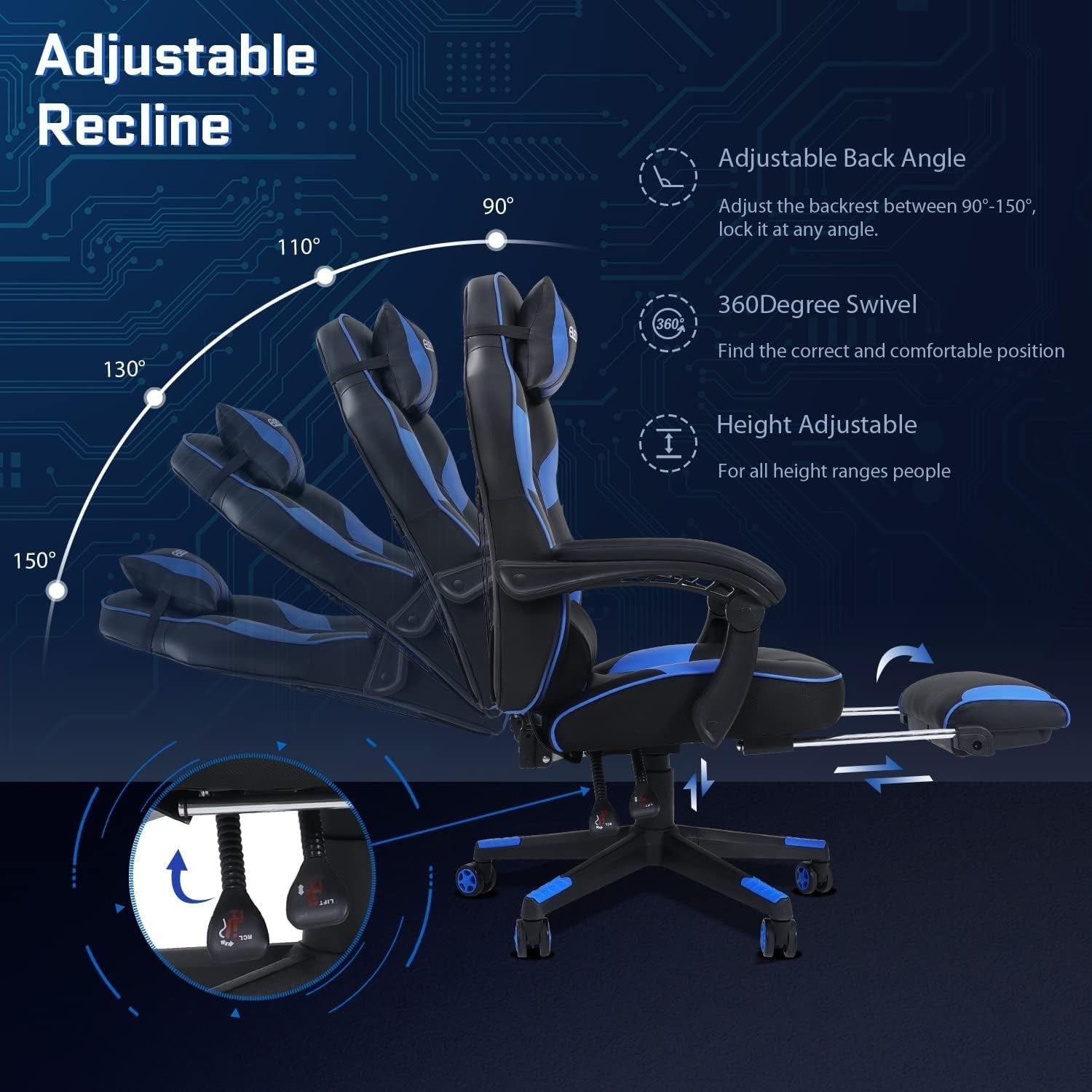 Ergonomic Gaming Chair with Footrest Massage 150° Recline Blue