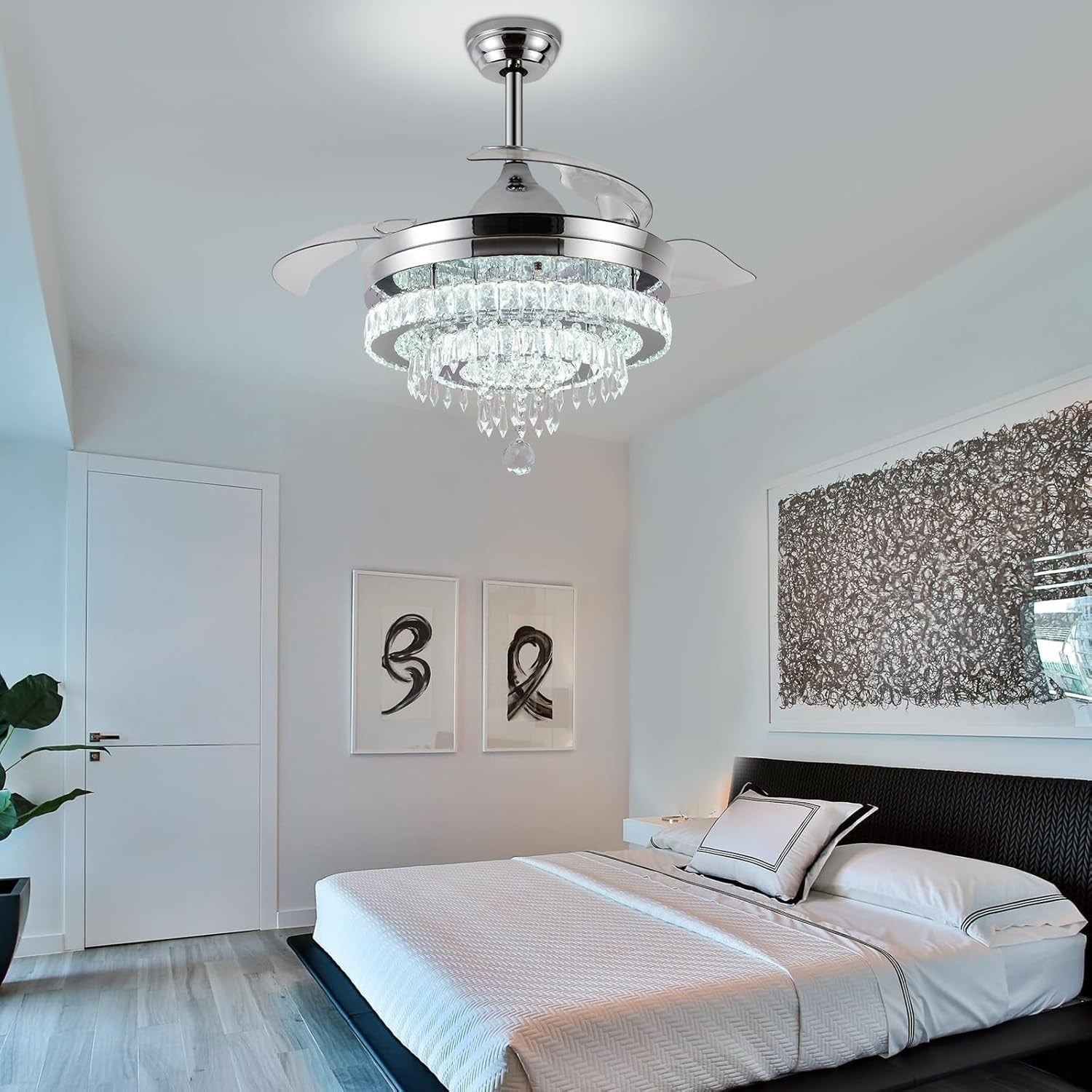 42" Crystal Ceiling Fan with Light Dimmable Remote Black