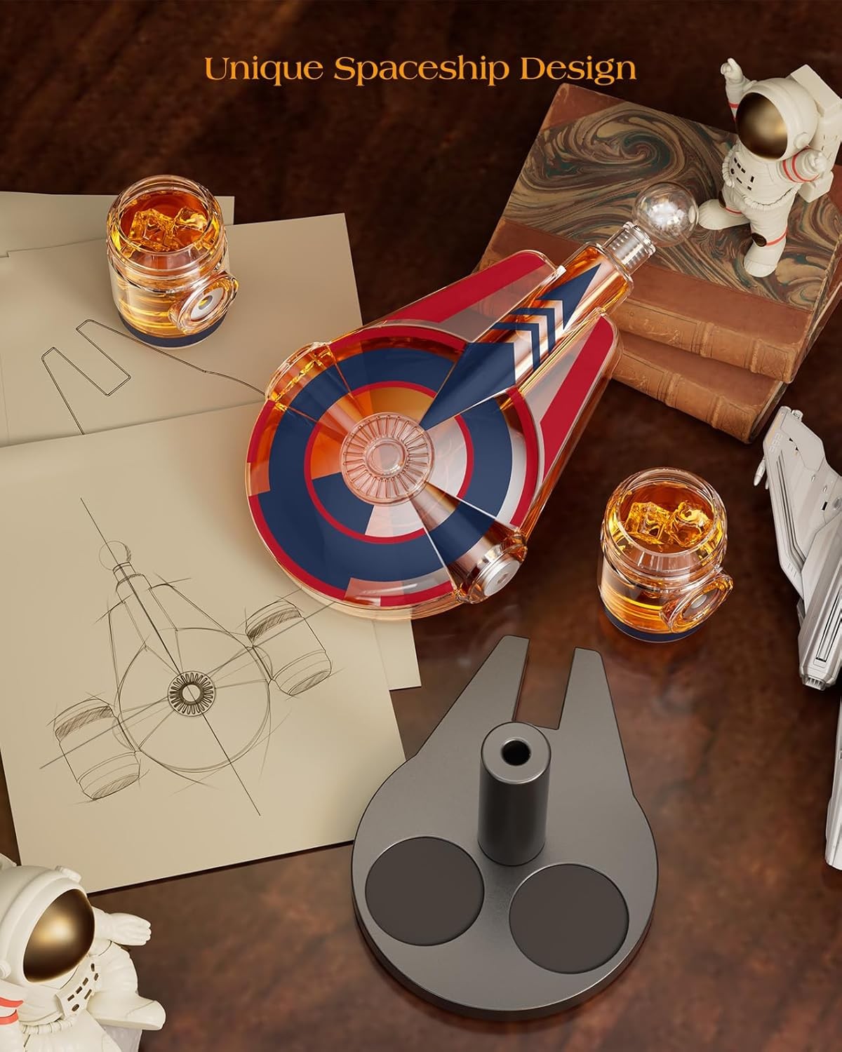 Galaxy Spaceship Whiskey Decanter Set 840ml with 2 Shot Glasses Gift Display