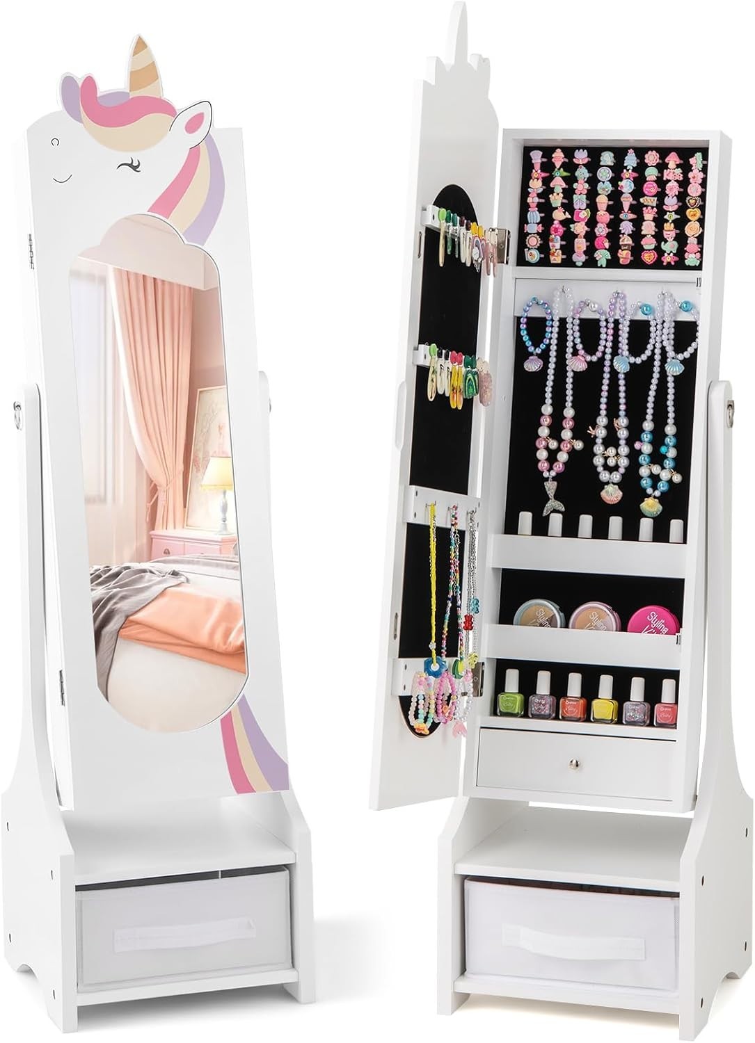 White Kids Jewelry Cabinet Mirror Freestanding Adjustable Storage Vanity
