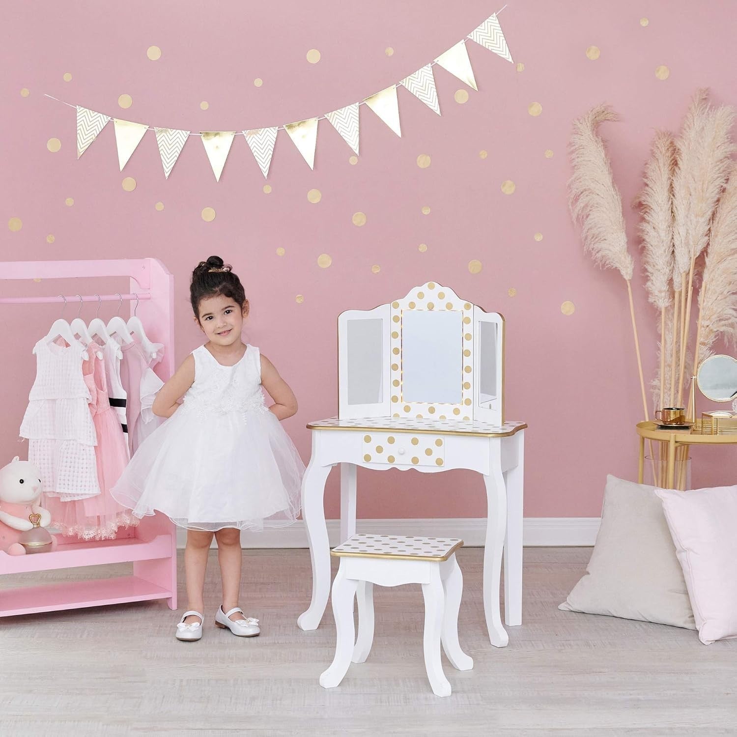 Kids Vanity Table with LED Mirror & Stool White Gold – Storage Drawer