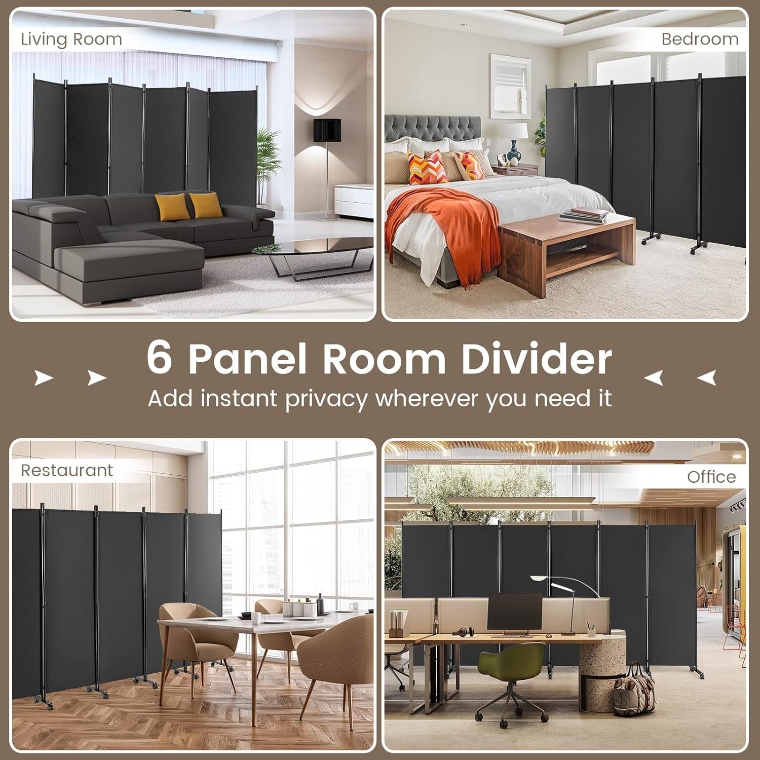 6 Panel Grey Folding Room Divider Privacy Screen Metal Frame 335x172cm