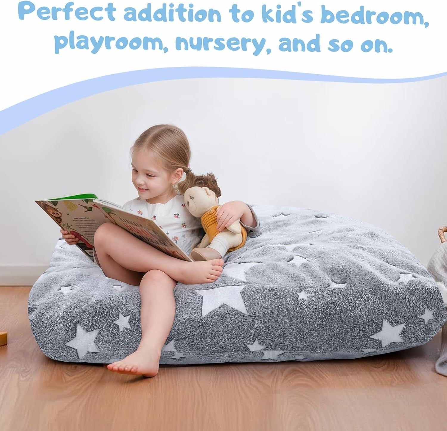 Kids Bean Bag Chair Bed Sofa Convertible Floor Mattress Grey Stars