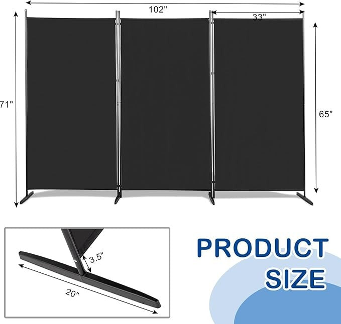 Black 3 Panel Room Divider 6FT Folding Privacy Screen – Portable Partition Wall
