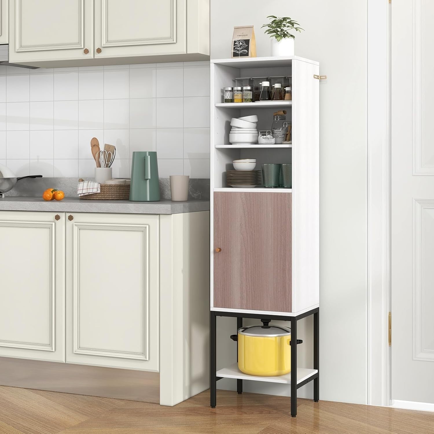 146cm Tall Wooden Storage Cabinet White Adjustable Shelves Slim Cupboard