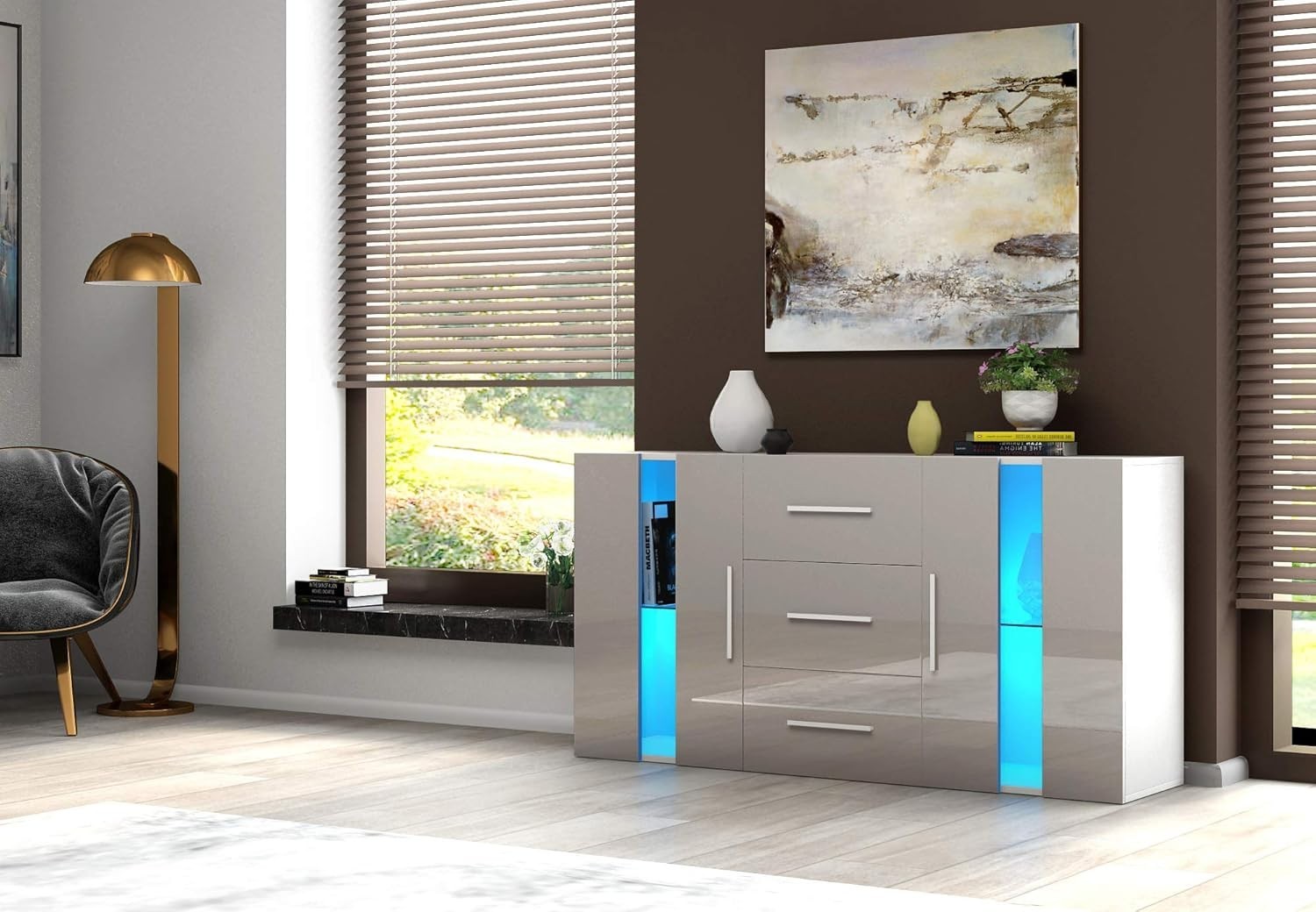 Modern Grey RGB LED Sideboard Cabinet 2 Doors 3 Drawers Storage Unit