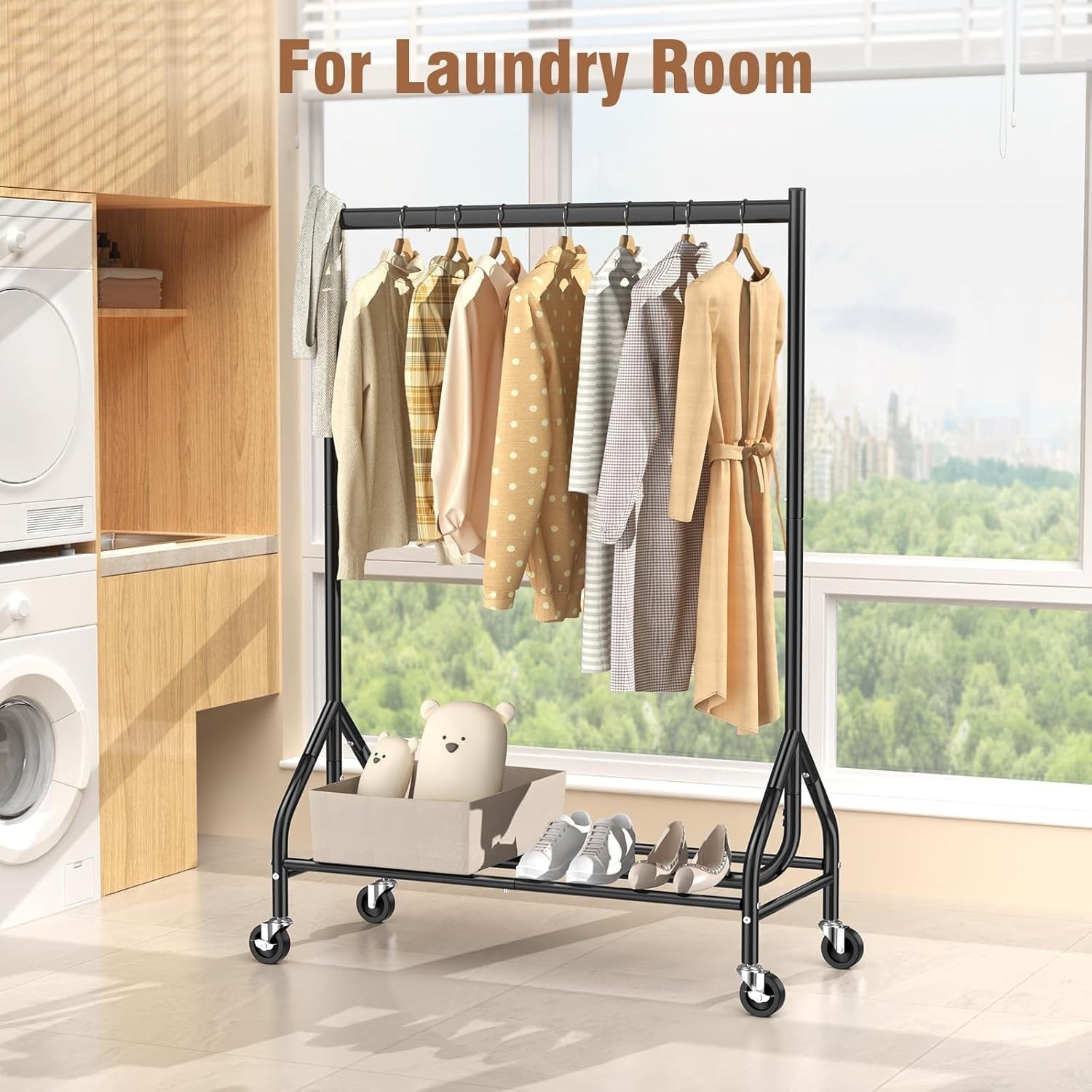 Heavy Duty 180KG Clothes Rail With Wheels Metal Rack Black