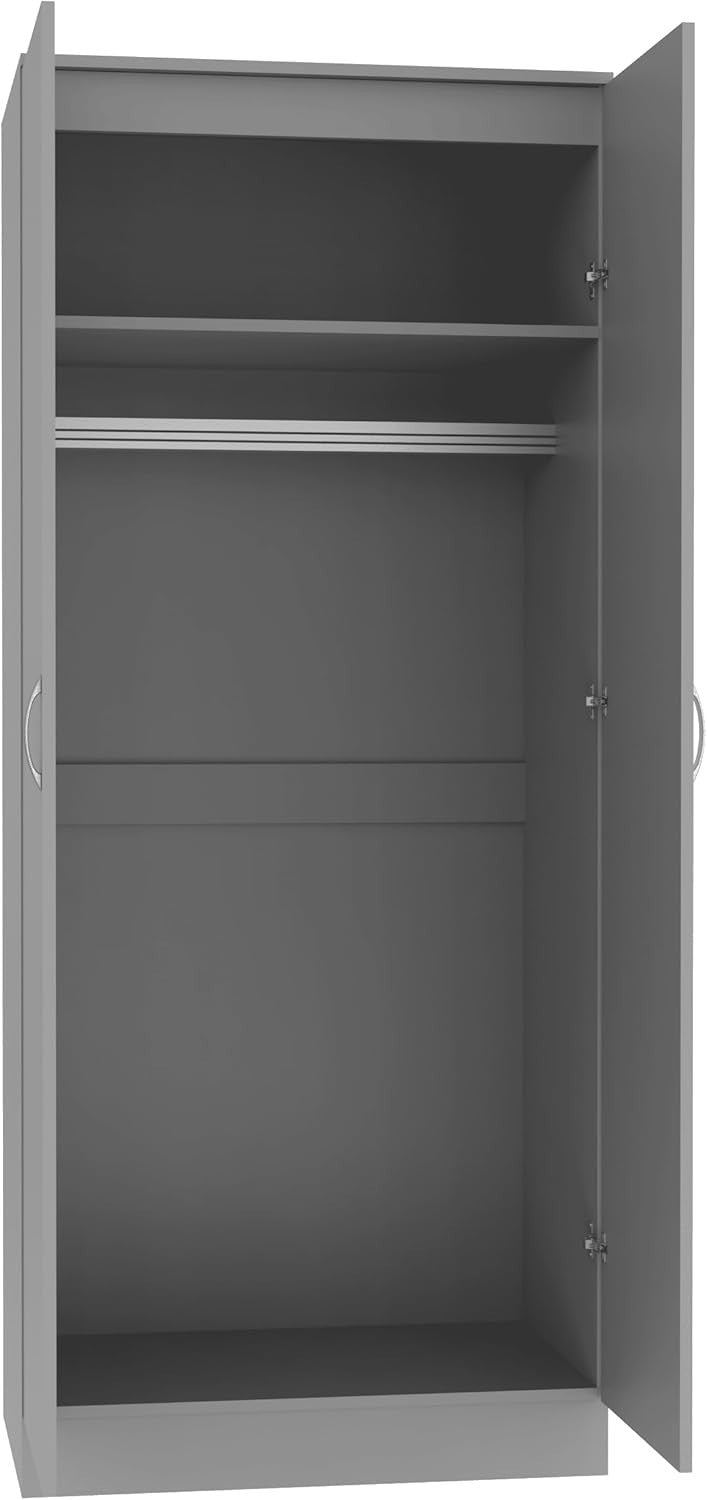 Grey High Gloss 2 Door Slim Wardrobe with Shelf & Hanging Rail 180cm