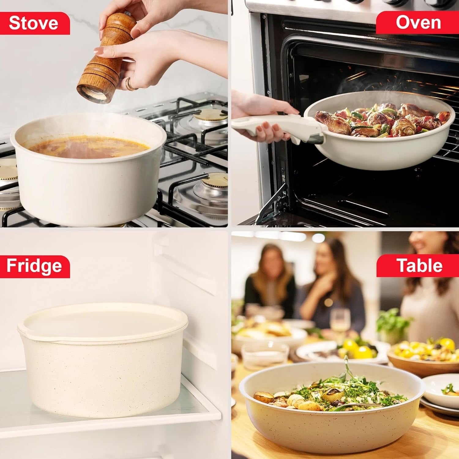 17pcs White Non-Stick Cookware Set with Detachable Handles – Induction Safe
