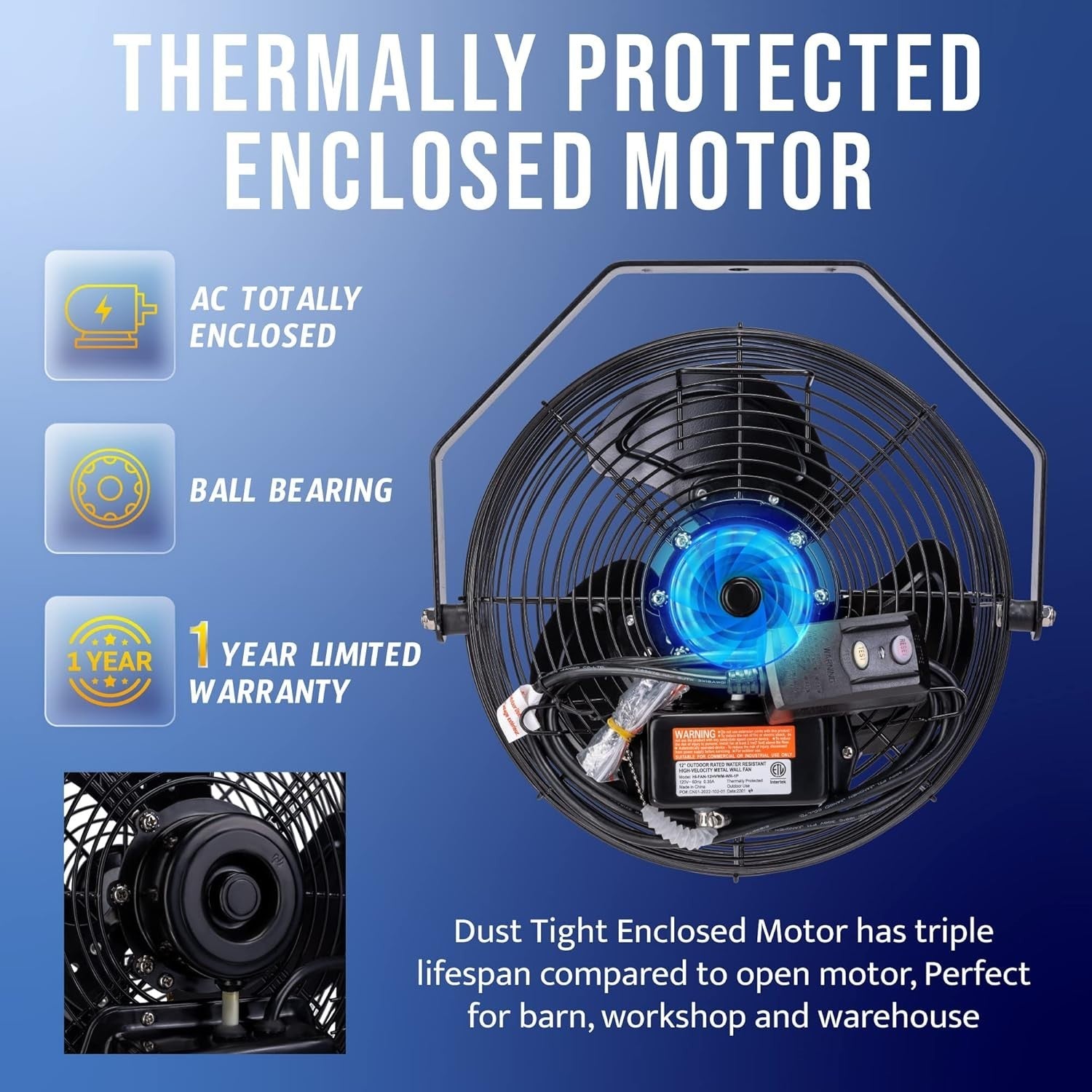 12" Outdoor Wall Mounted Fan – Water Resistant 3-Speed Metal Cooling for Patio