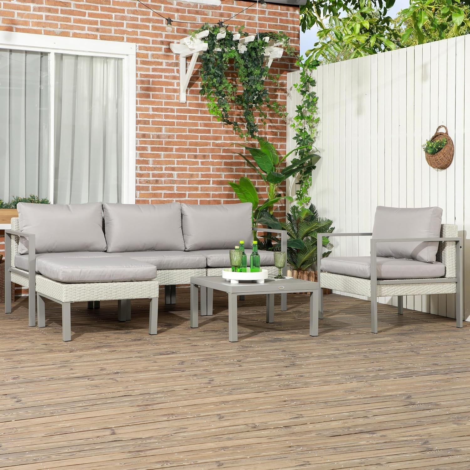 6pc Light Grey Rattan Sofa Set Table Chairs Footstool Garden Patio Set