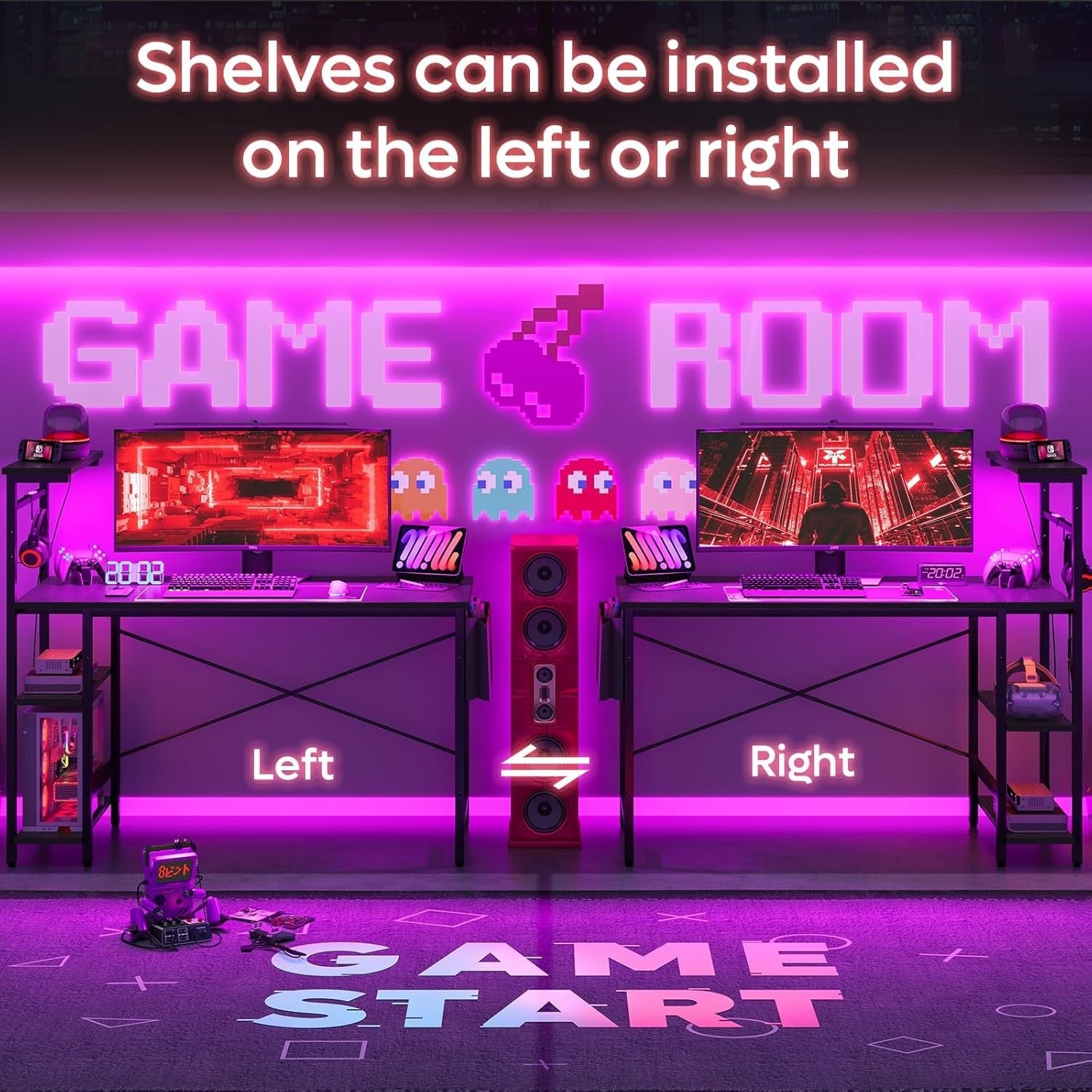 Black 140cm Reversible Gaming Desk w/LED Lights & Storage Shelves