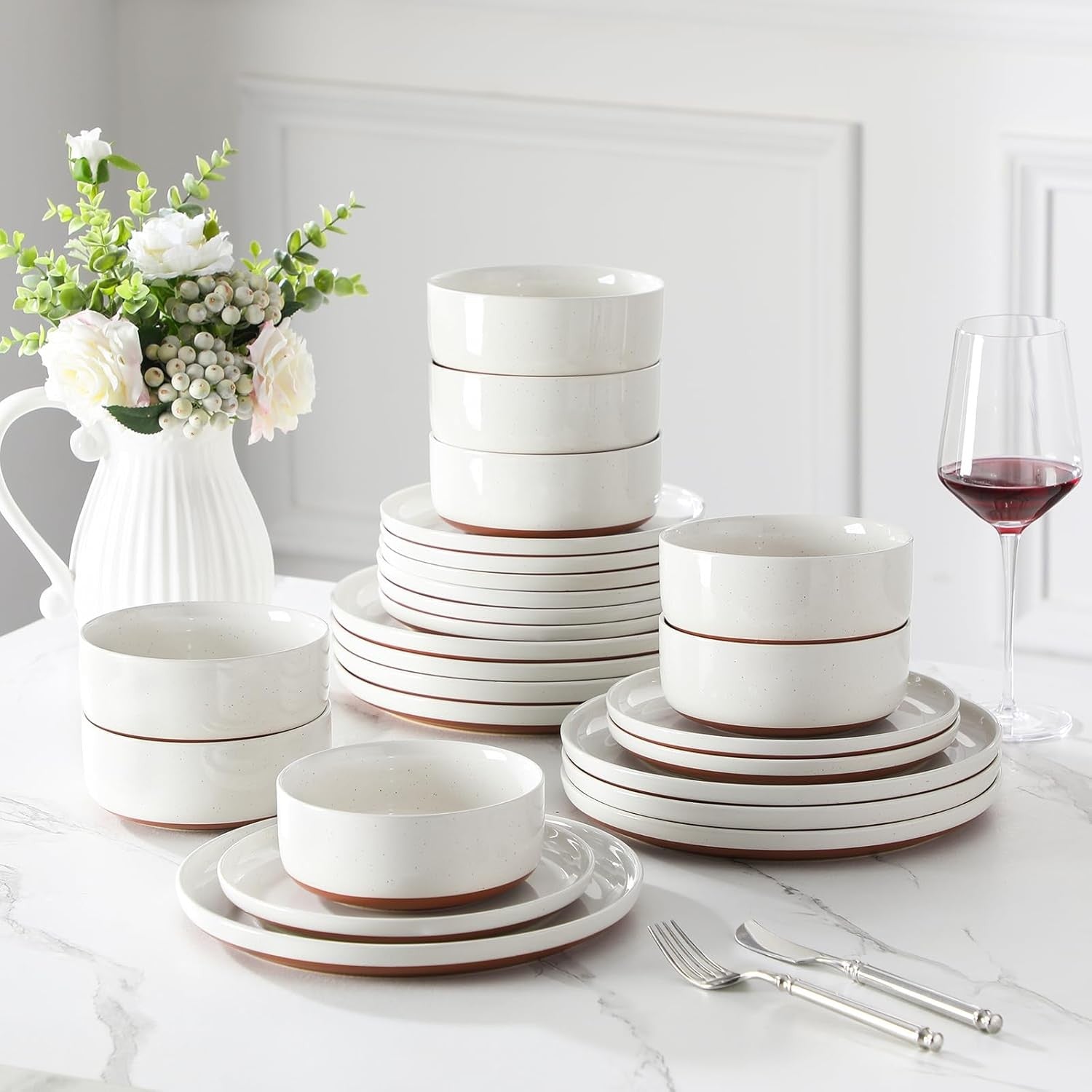 24 Piece Dinner Set Plates Bowls for 8 Stoneware Microwave Dishwasher Safe