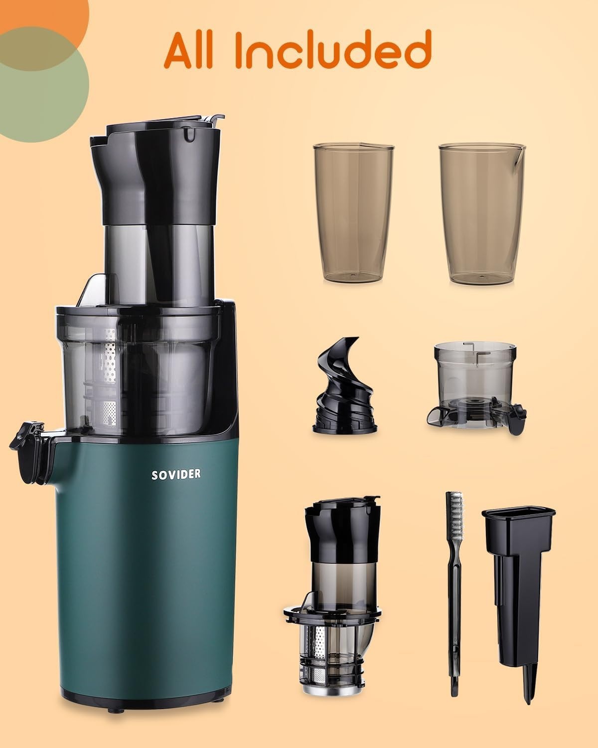 Green Compact Cold Press Juicer 3.1in Wide Chute BPA Free Reverse