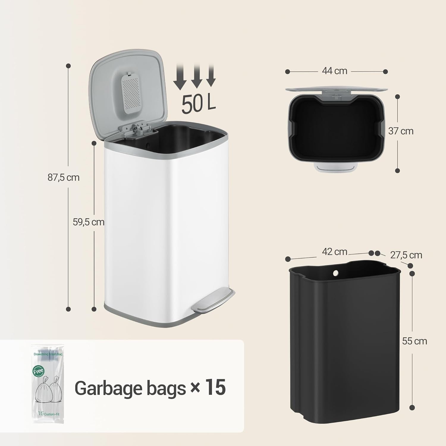 50L Stainless Steel Kitchen Bin Soft Close Pedal Lid White
