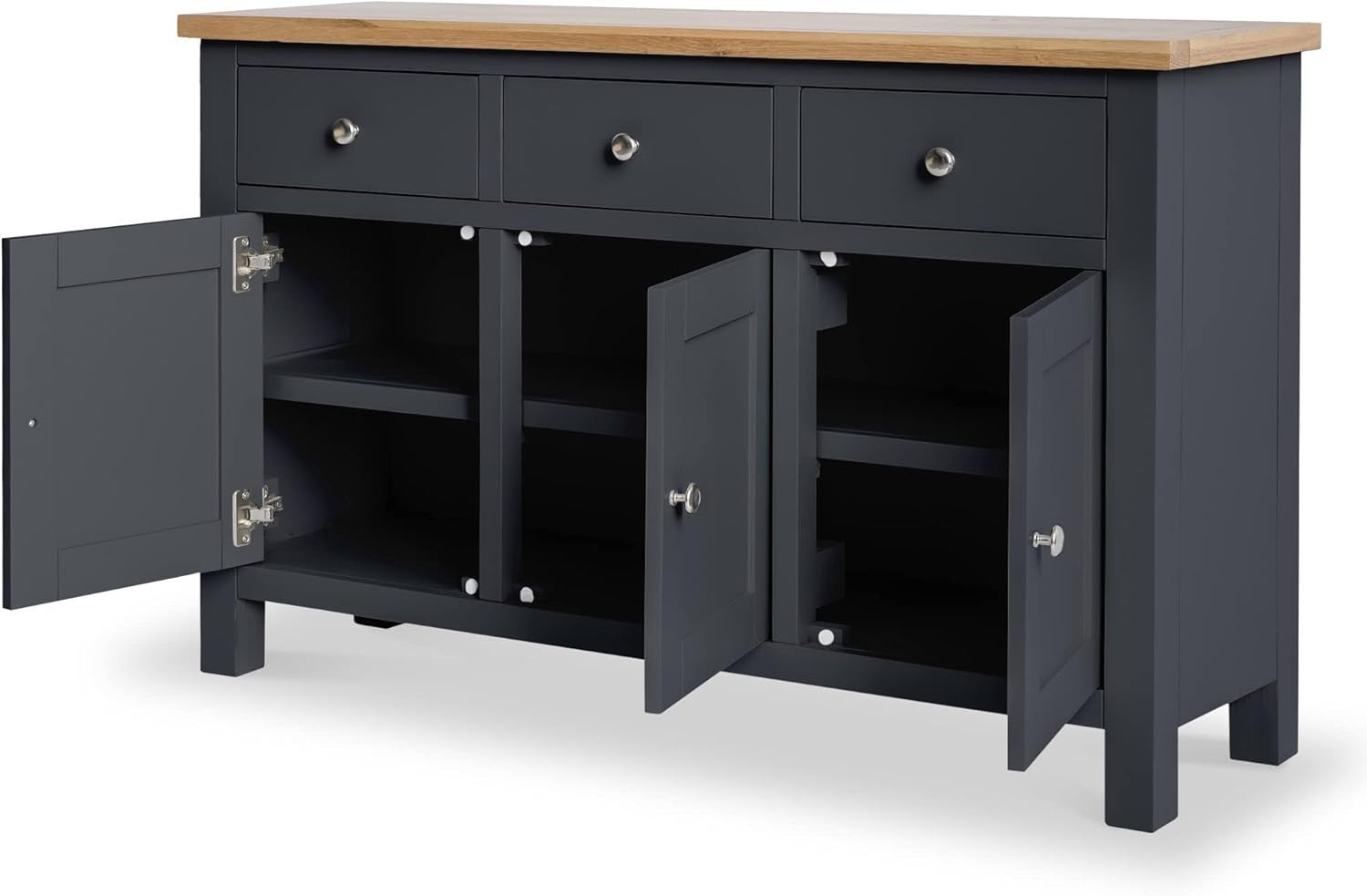 Charcoal Sideboard 3 Door 3 Drawer Oak Top Storage Cabinet Hallway