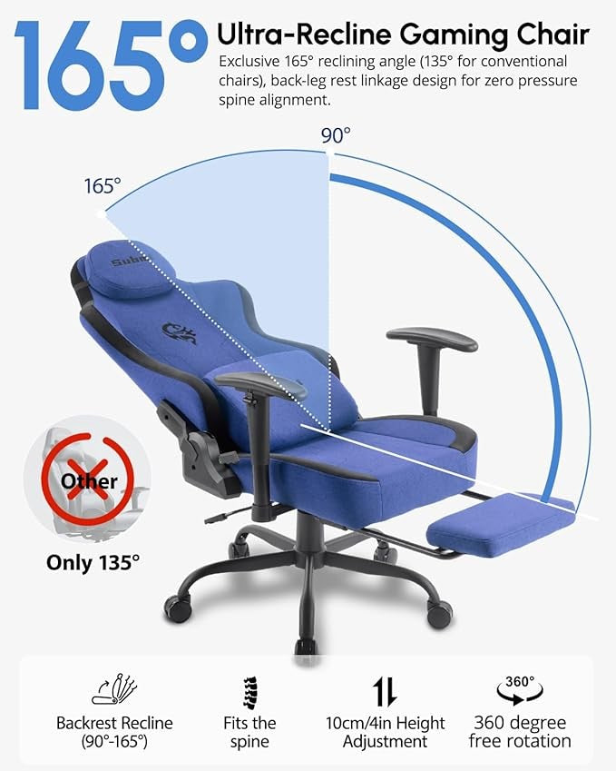 Ergonomic Blue Gaming Chair High Back Recliner with Footrest
