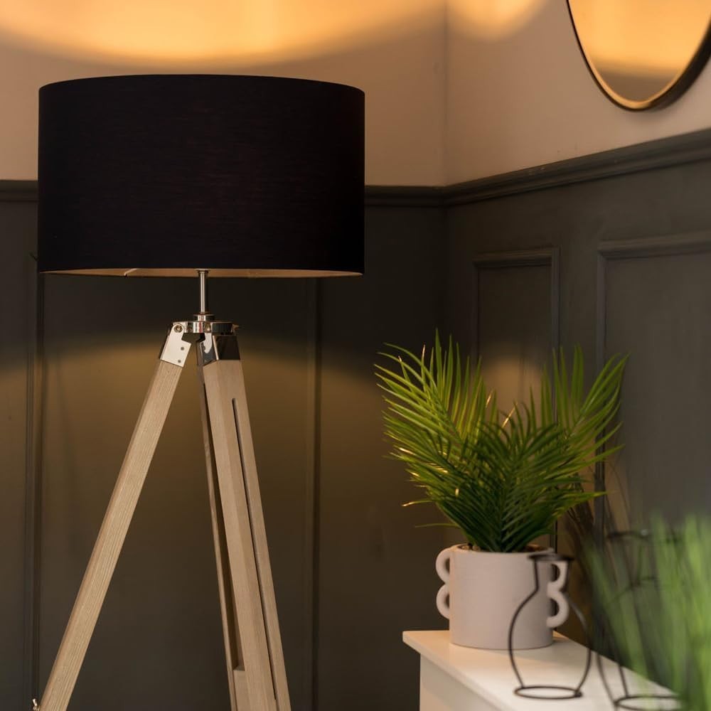 Modern Tripod Floor Lamp with Navy Drum Shade, Wood & Chrome, 154cm