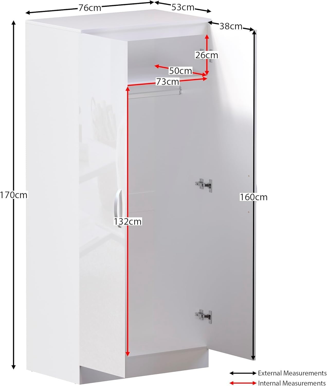 2 Door White Wardrobe High Gloss Finish Compact Clothes Storage Cabinet