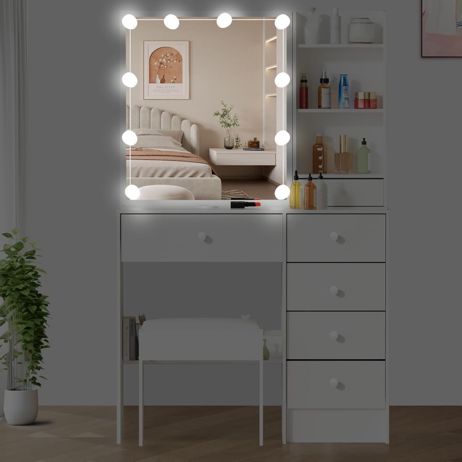 White Dressing Table Vanity Desk with Lighted Mirror 6 Drawers & Stool