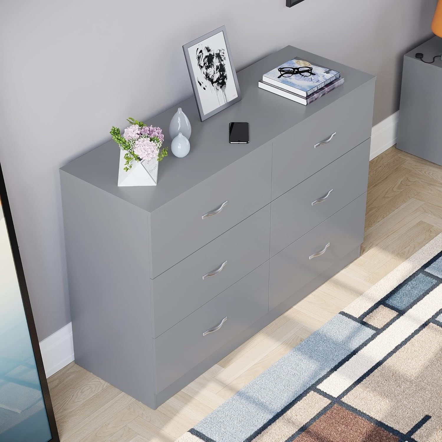 Grey 6 Drawer Chest Wide Bedroom Storage Unit Cabinet Modern Style