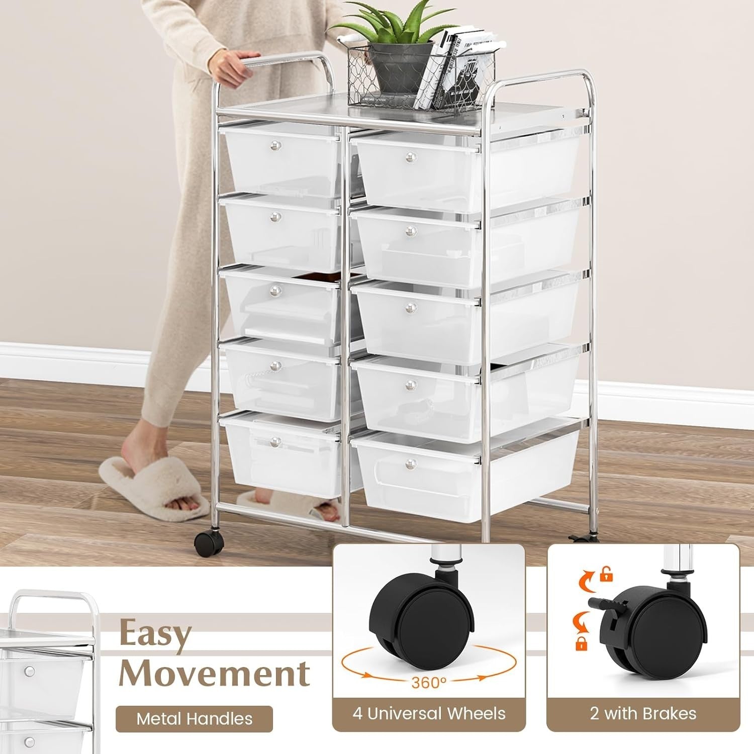10 Drawer Rolling Storage Cart Clear Organizer Trolley with Wheels