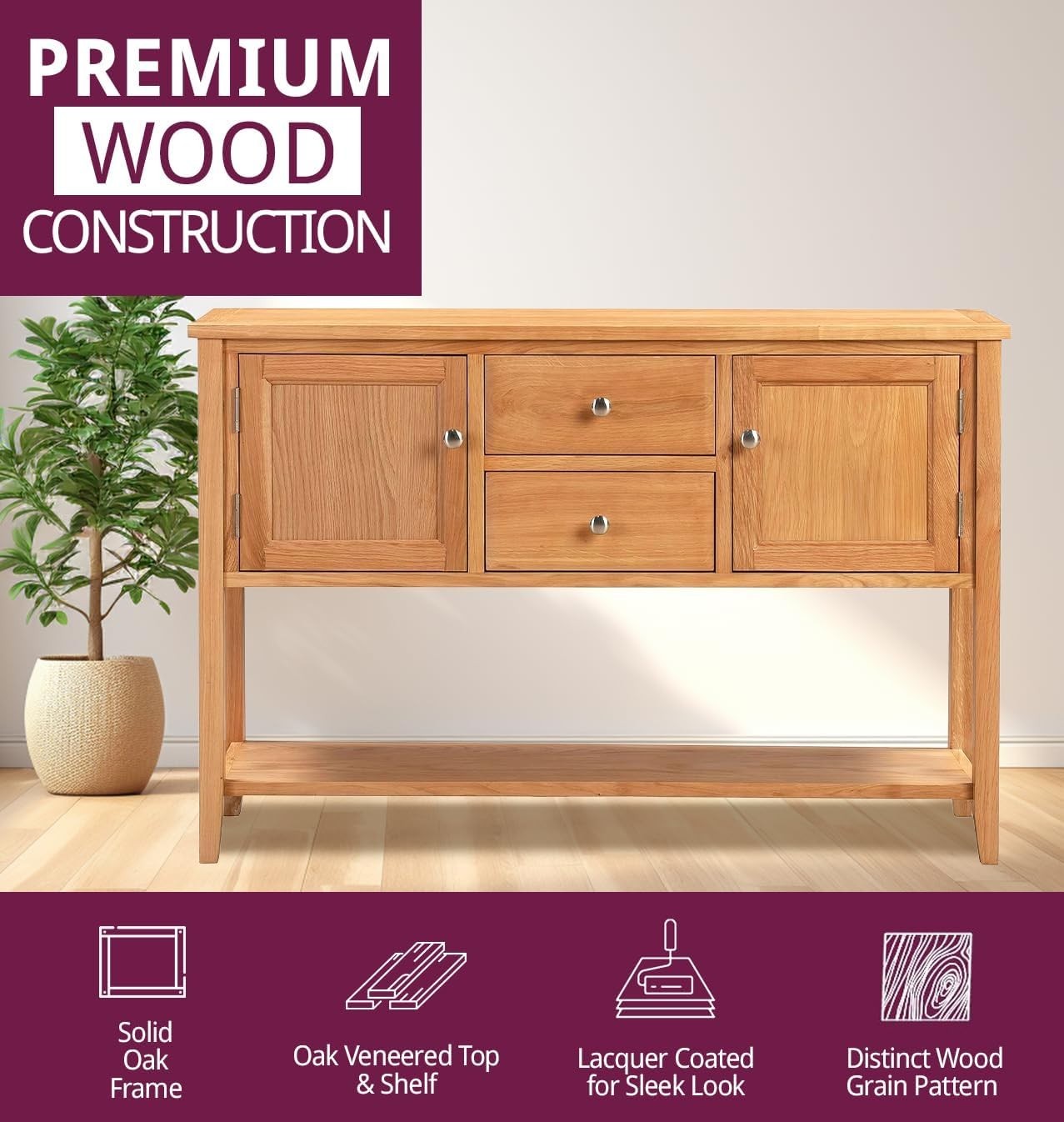 Large Solid Oak Console Table with Storage Drawers & Shelf, Durable