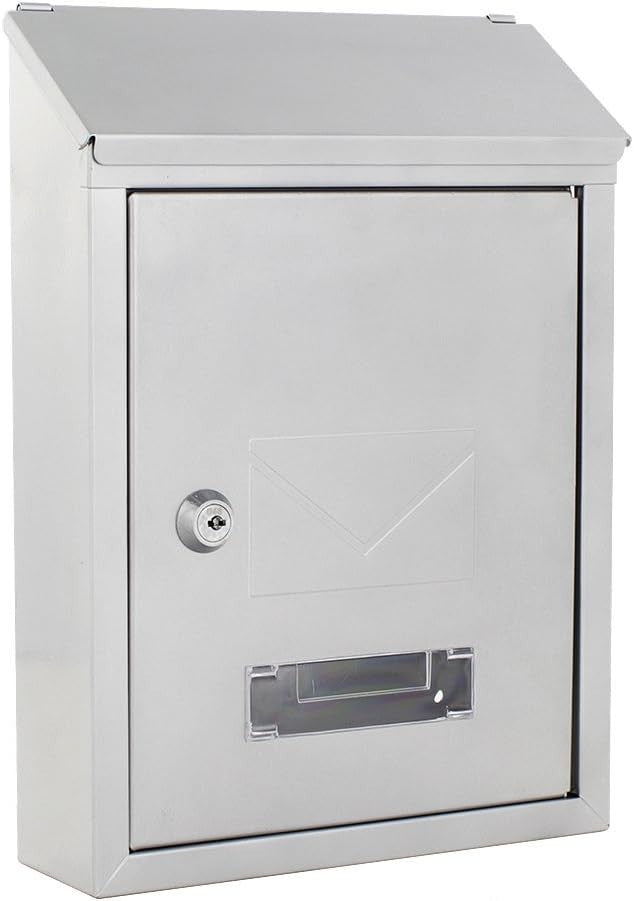 Lockable Wall Mounted Steel Post Box Silver Weatherproof Mailbox 300x215x70mm