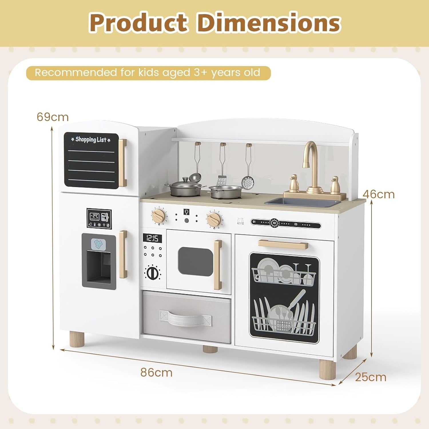 Wooden Kids Play Kitchen White w/ Ice Maker Sink Blackboard Set