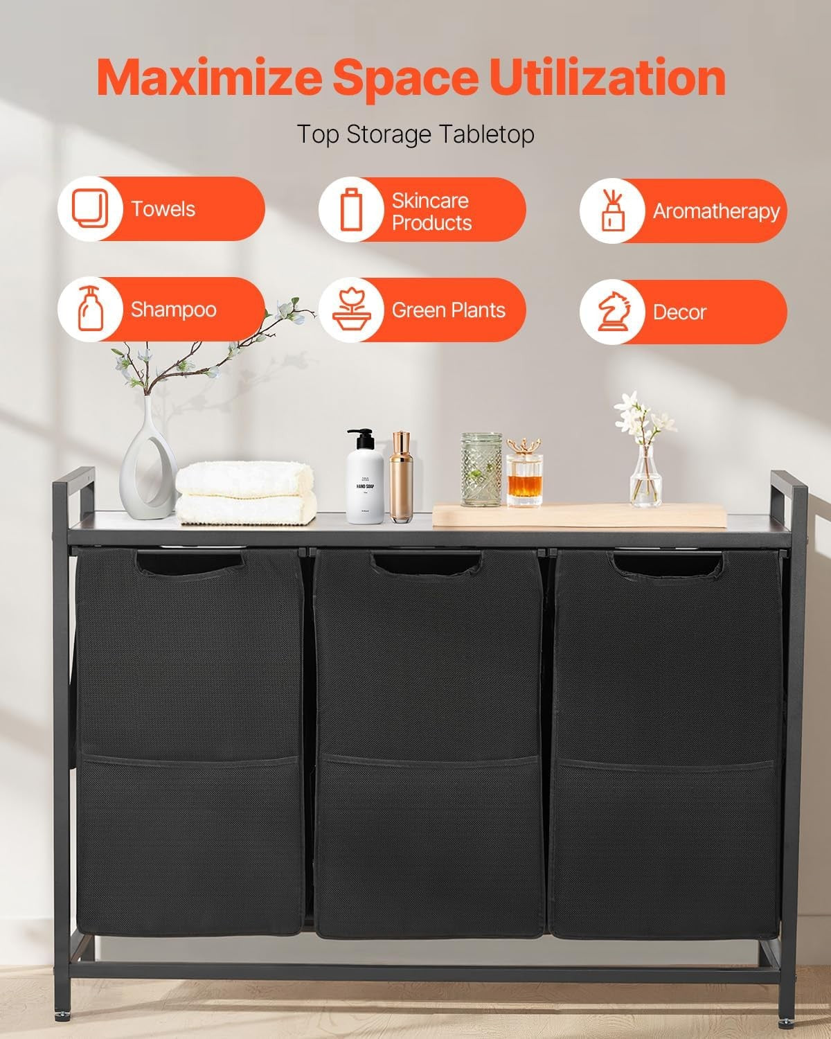 3 Section Laundry Sorter With Tabletop Metal Frame 600D Oxford Bags Black