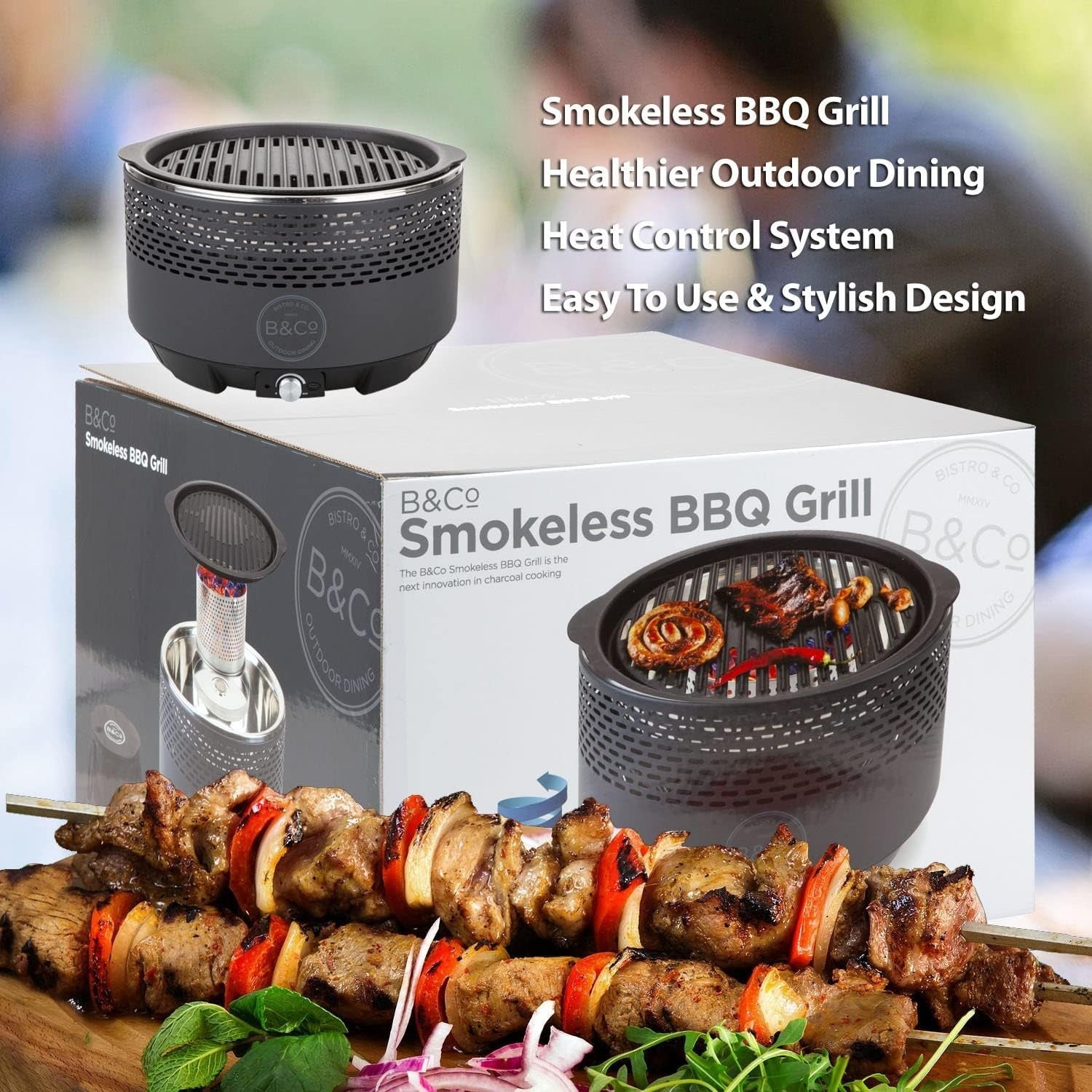 Smokeless Charcoal BBQ Grill Portable Tabletop Fan-Controlled Outdoor Cooking