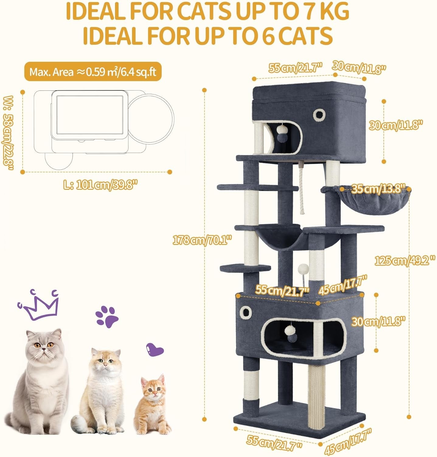178cm Tall Cat Tree Tower Multi-Level Scratching Posts Condos Large Cats