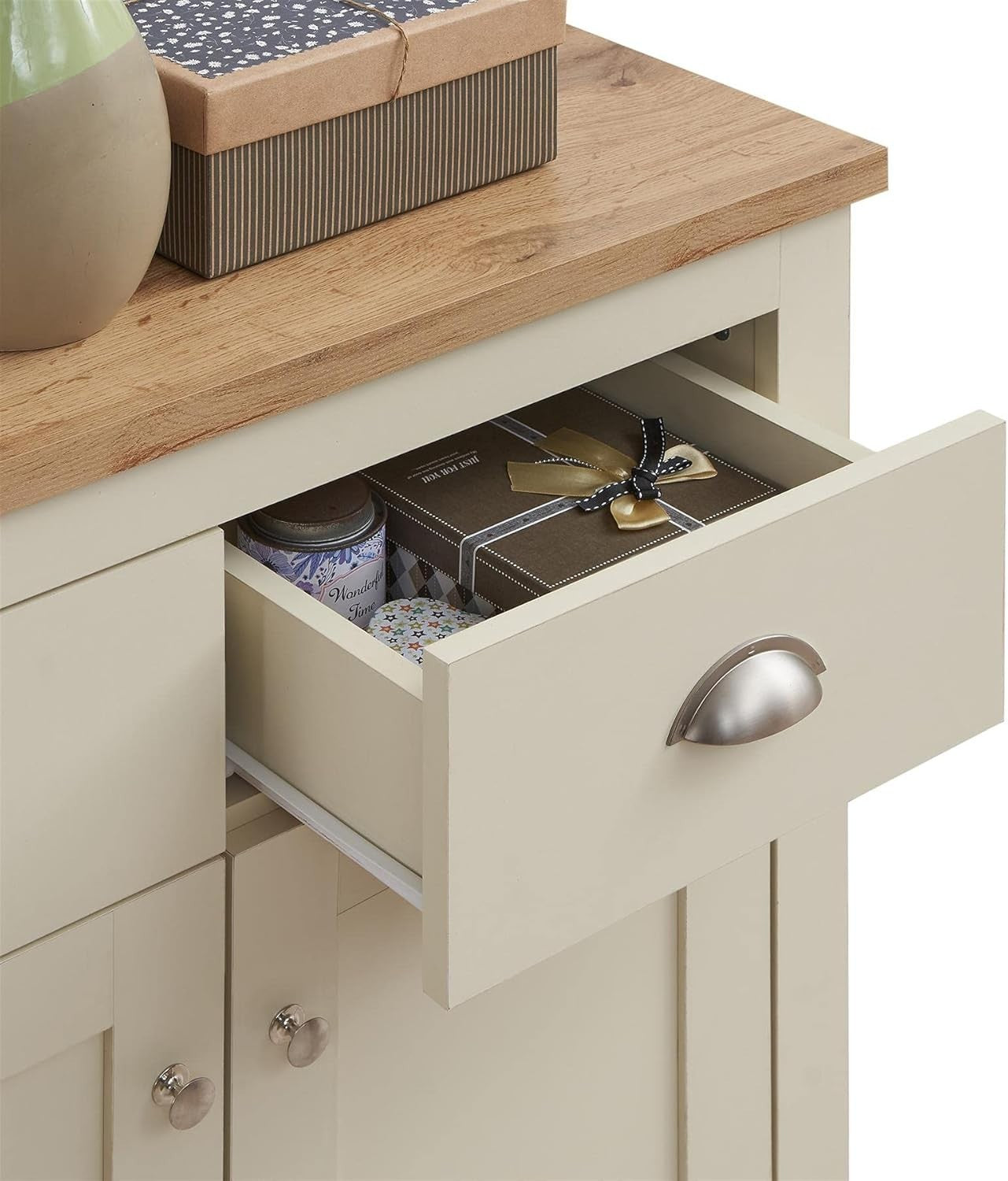 Compact Cream Oak Sideboard 2 Doors 2 Drawers Storage Cabinet Modern Wood