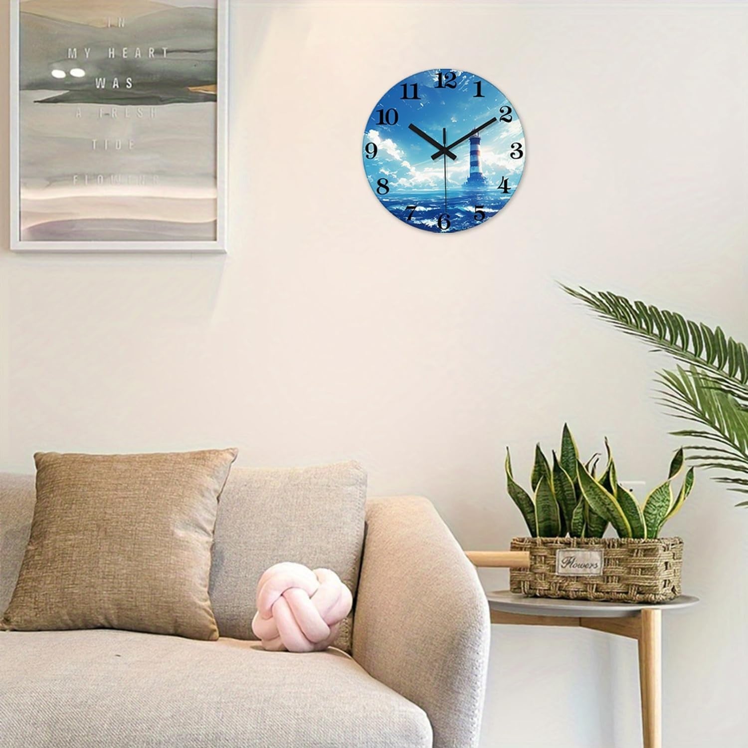 12" Blue Lighthouse Wall Clock Silent Non-Ticking Glass Coastal Kitchen Decor