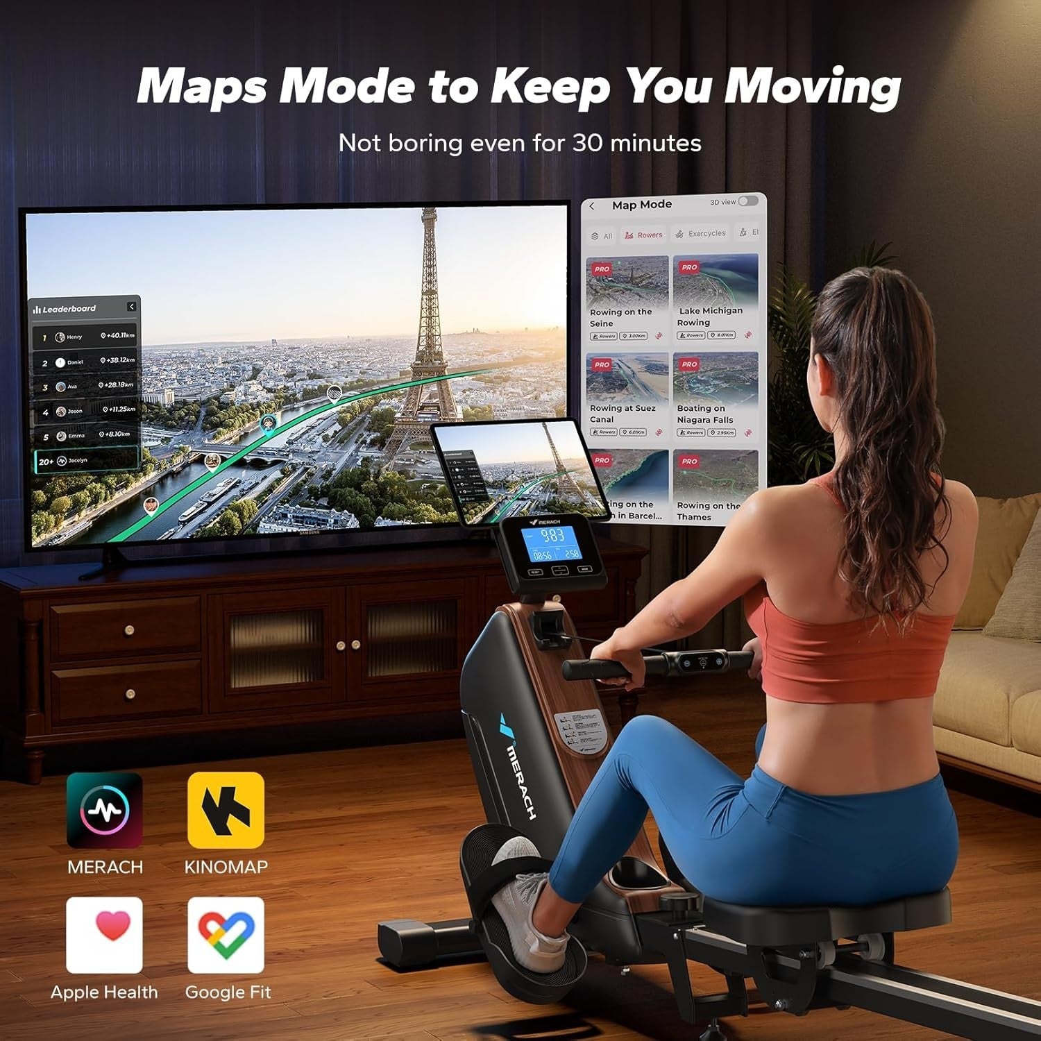 Foldable Magnetic Rowing Machine 40KG Resistance 130cm Rail App Smart Home