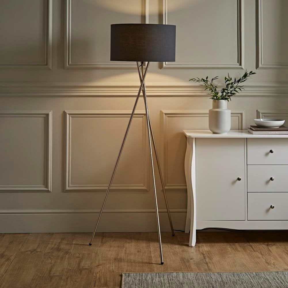 Brushed Chrome Tripod Floor Lamp Dark Grey Shade Modern Standing Light E27