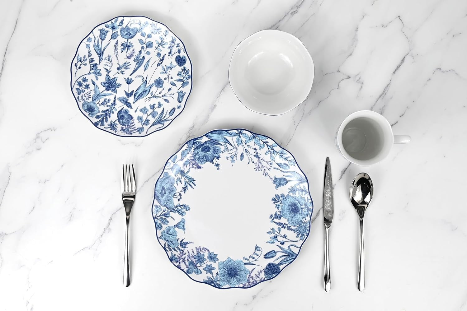 16pc Porcelain Dinnerware Set Blue Floral Plates Bowls Mugs Dishwasher Safe