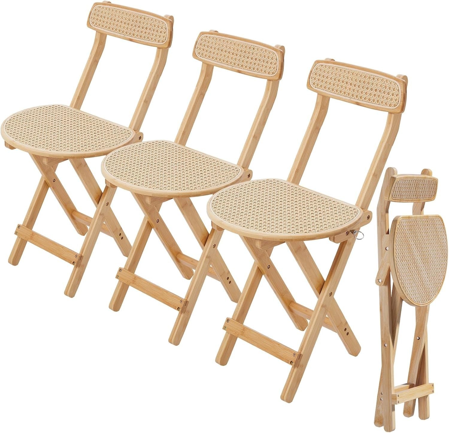 Set of 3 Folding Wooden Rattan Dining Chairs Space Saving Farmhouse Style