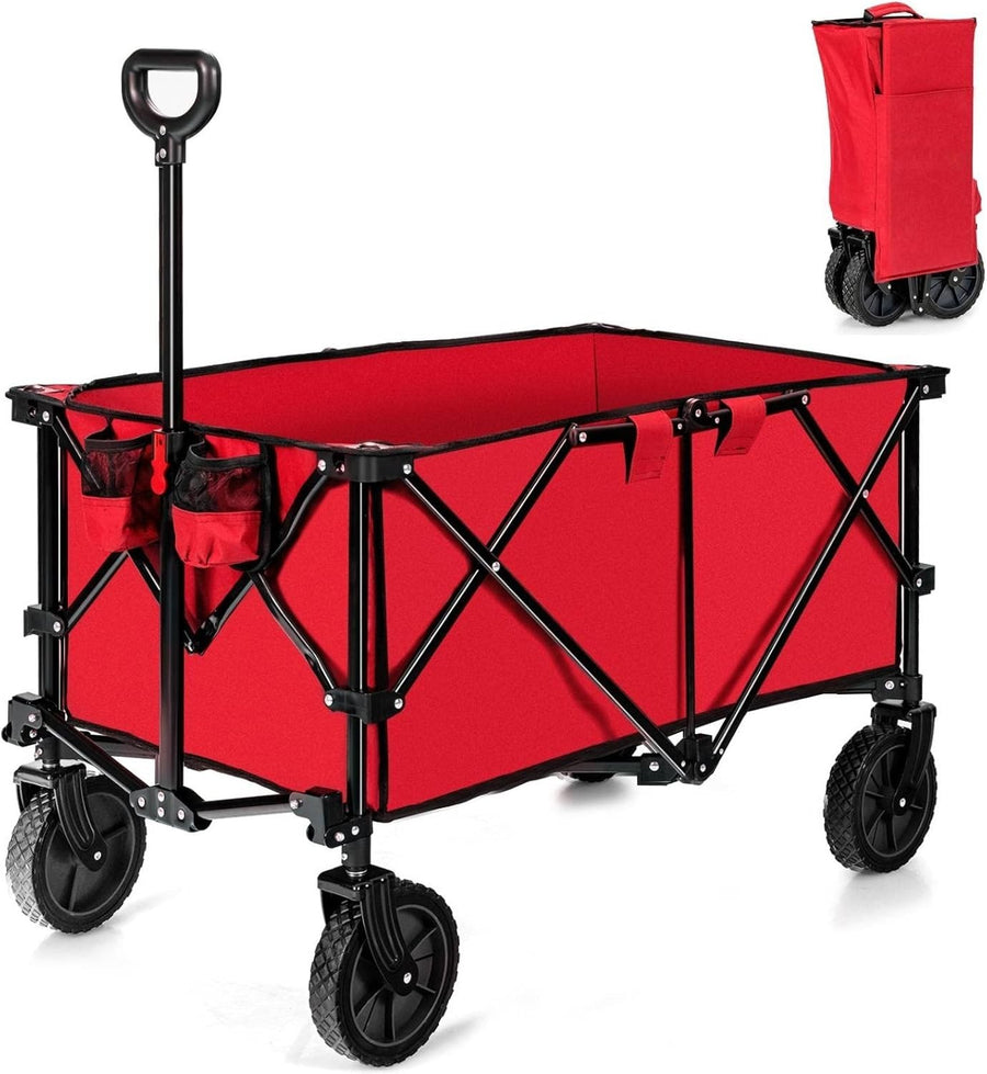 Red Folding Camping Wagon Heavy Duty Collapsible Beach Garden Cart w/ Handle