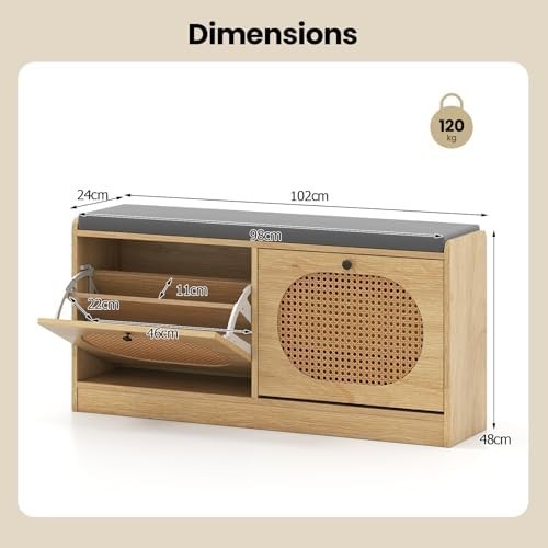 Rattan Shoe Bench with Cushion 2-Door Storage Cabinet Adjustable Shelves Unit