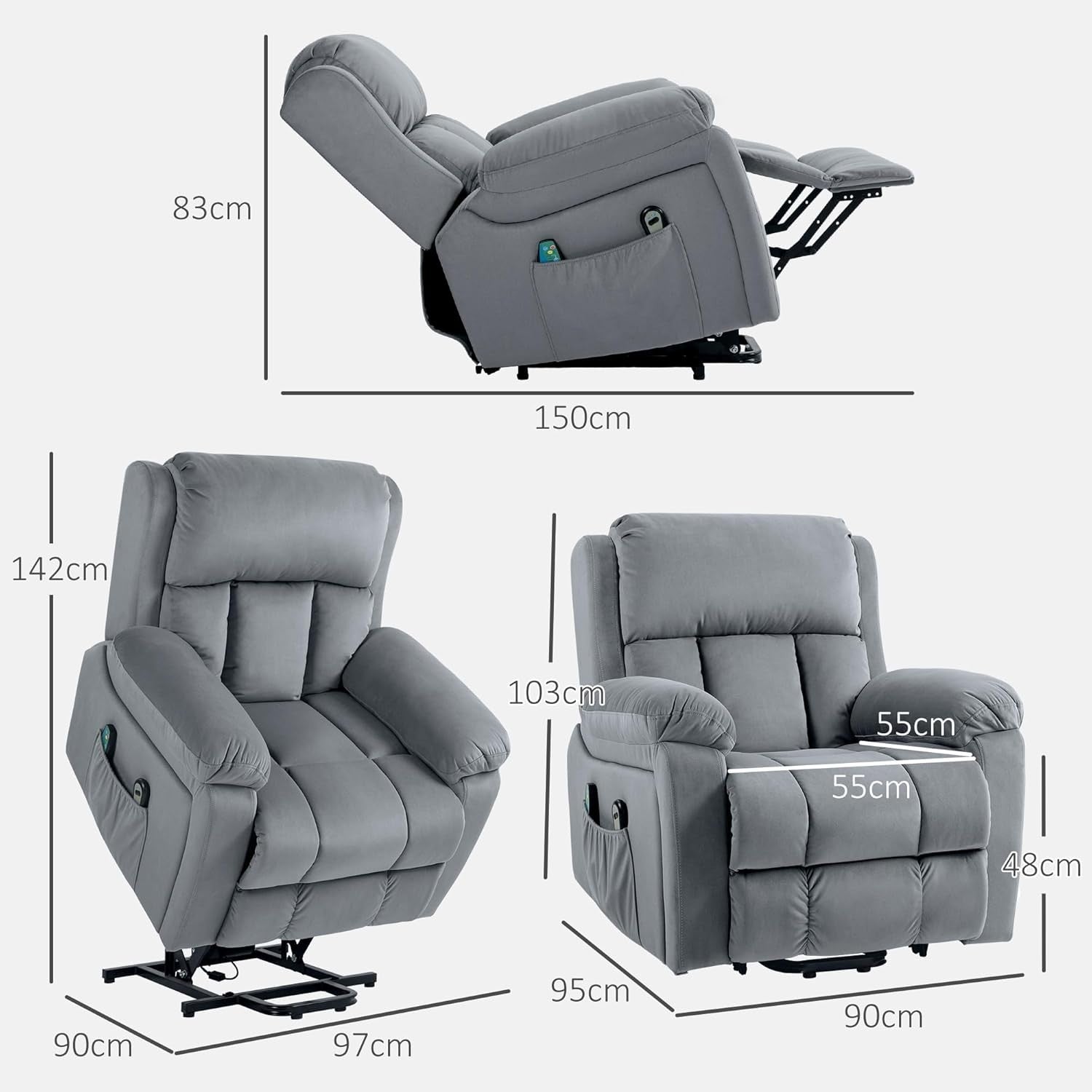 Power Lift Recliner Chair Heat Massage 135° Recline Pocket Spring Leathaire Grey