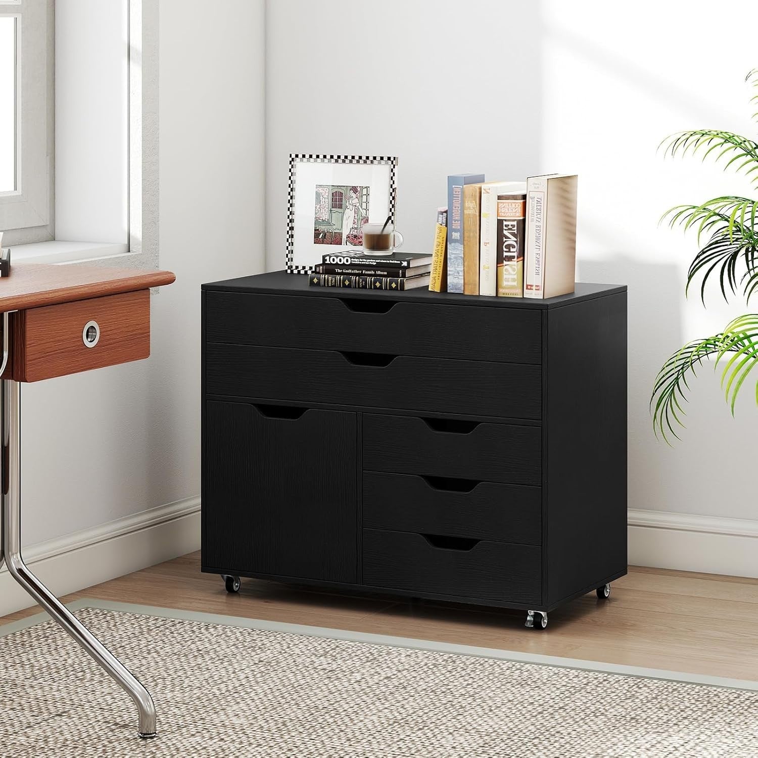 Black Mobile File Cabinet 5 Drawer Side Cupboard Rolling Printer Stand