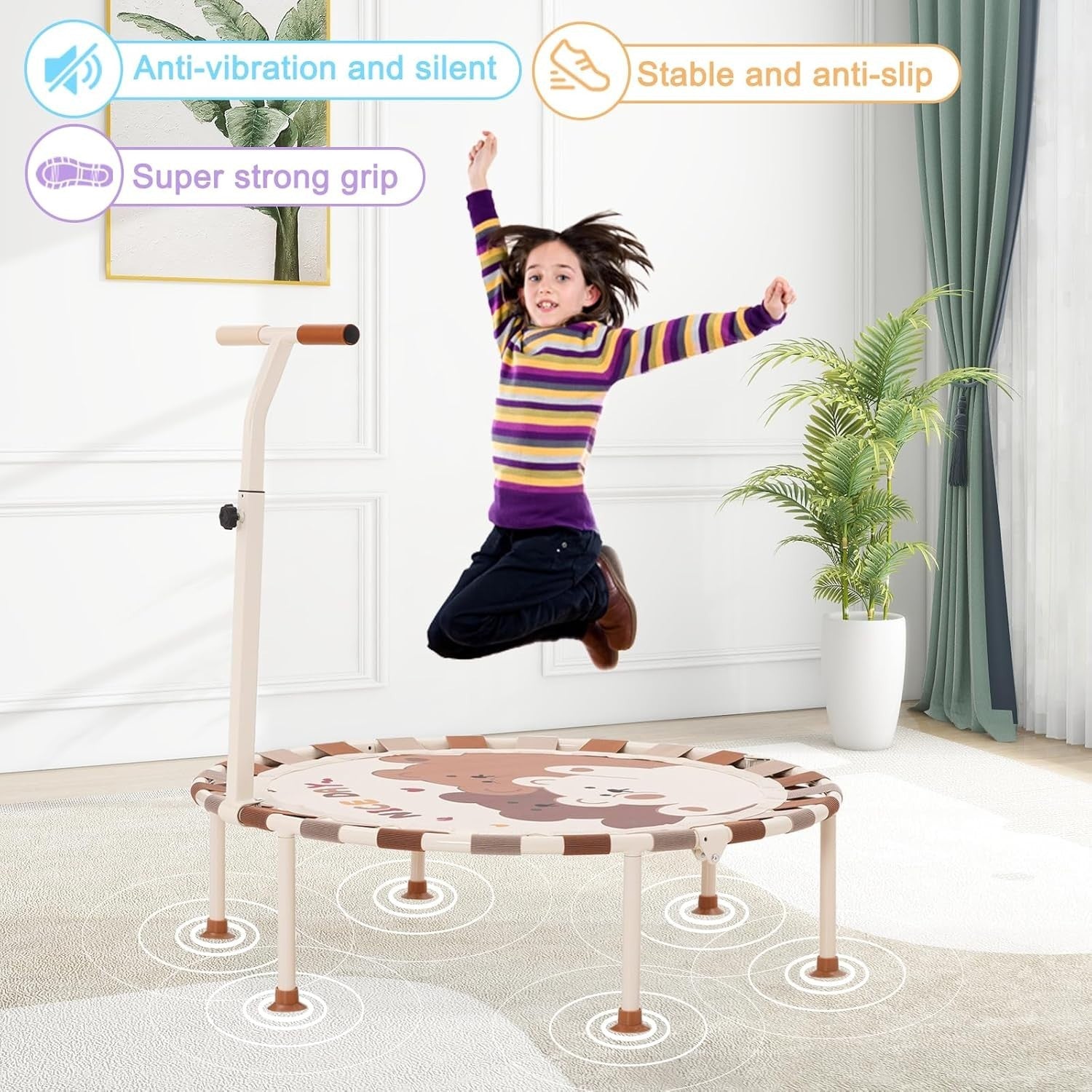 40'' Kids Trampoline Foldable Noise-Free with Safety Handle Indoor Outdoor