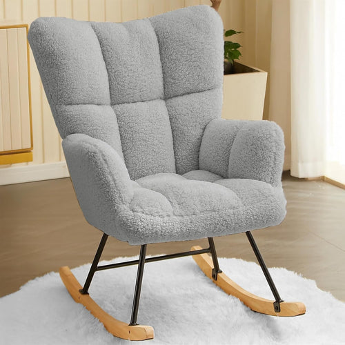 Lambswool Rocking Chair Grey Armchair High Back Comfy Nursery Lounge Seat