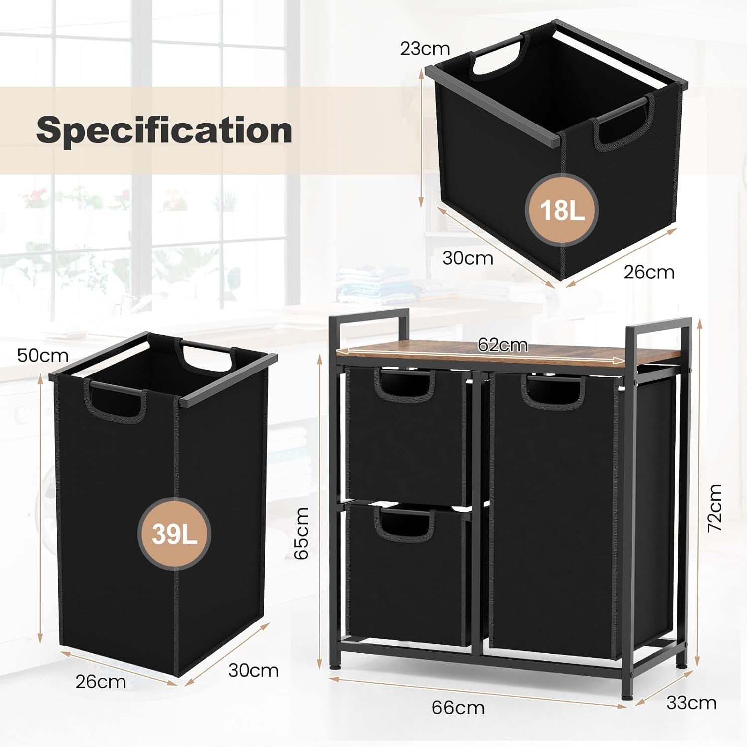3 Compartment Laundry Basket Pull Out Hampers with Shelf Metal Frame